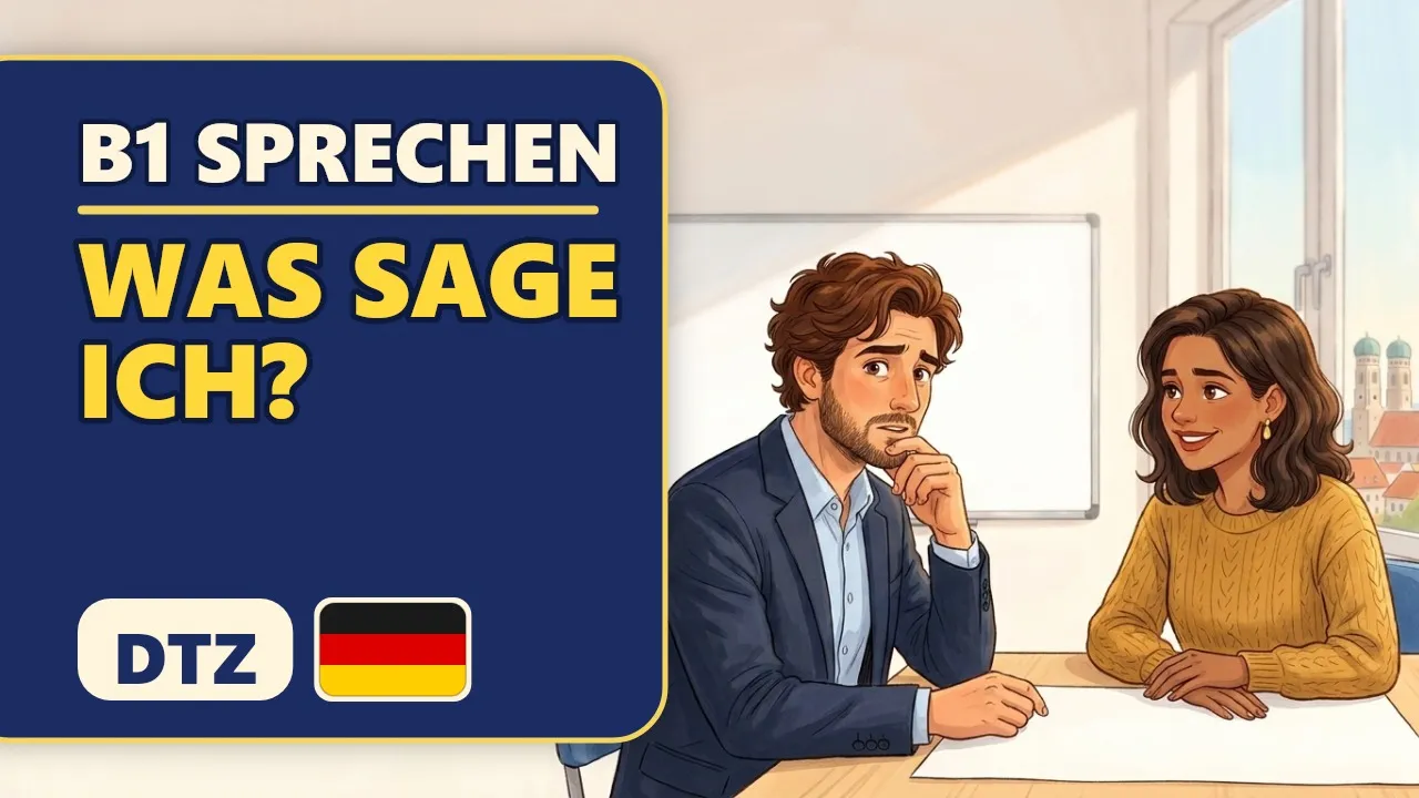 Обложка видео «B1 Sprechen — Was sage ich?»: экзаменационная аудитория, участник волнуется перед ответом